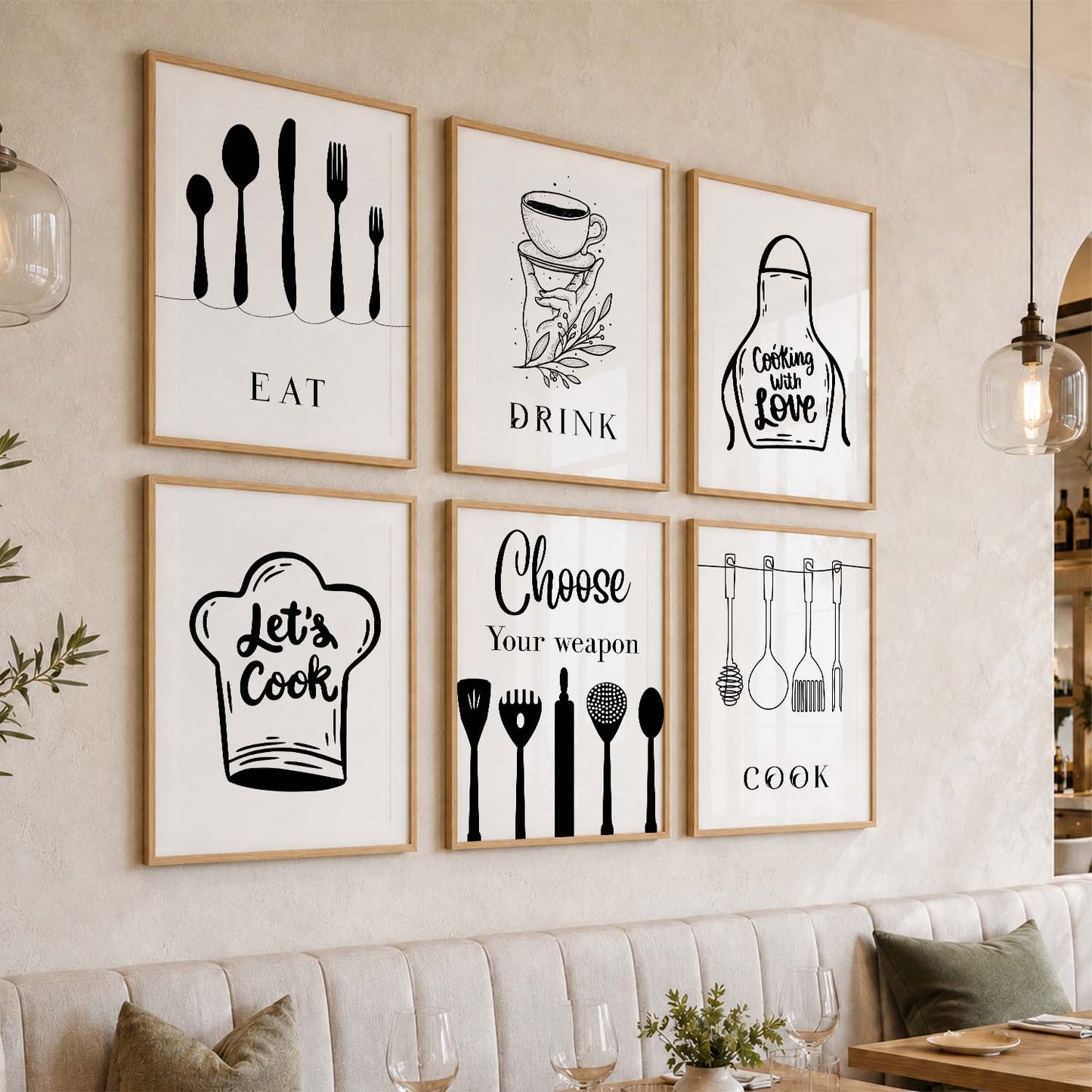 Kitchen Theme Framed Posters for Restaurant Kitchen Dinning Room Cafe Wall Decor Set of 6