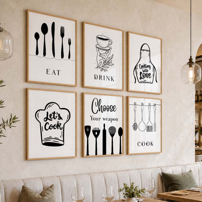 Kitchen Theme Framed Posters for Restaurant Kitchen Dinning Room Cafe Wall Decor Set of 6