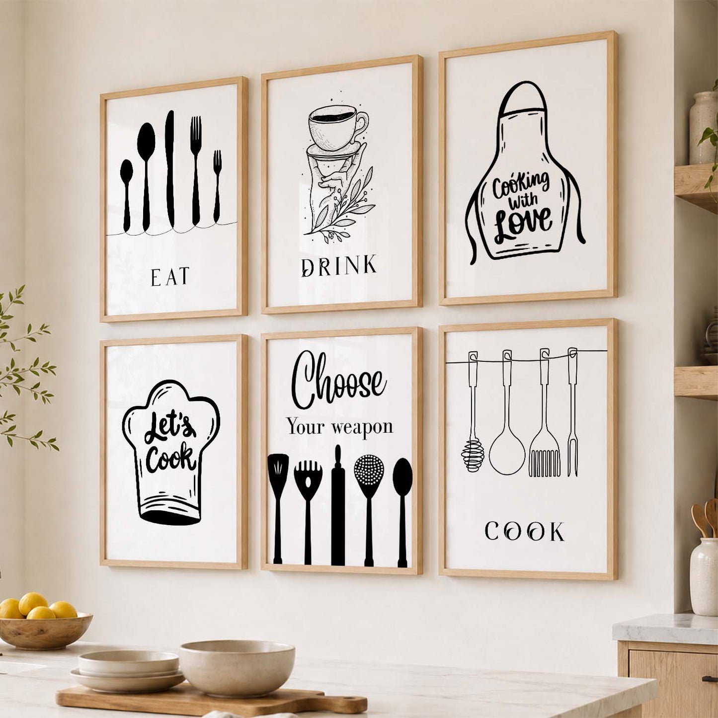Kitchen Theme Framed Posters for Restaurant Kitchen Dinning Room Cafe Wall Decor Set of 6