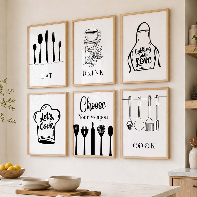 Kitchen Theme Framed Posters for Restaurant Kitchen Dinning Room Cafe Wall Decor Set of 6