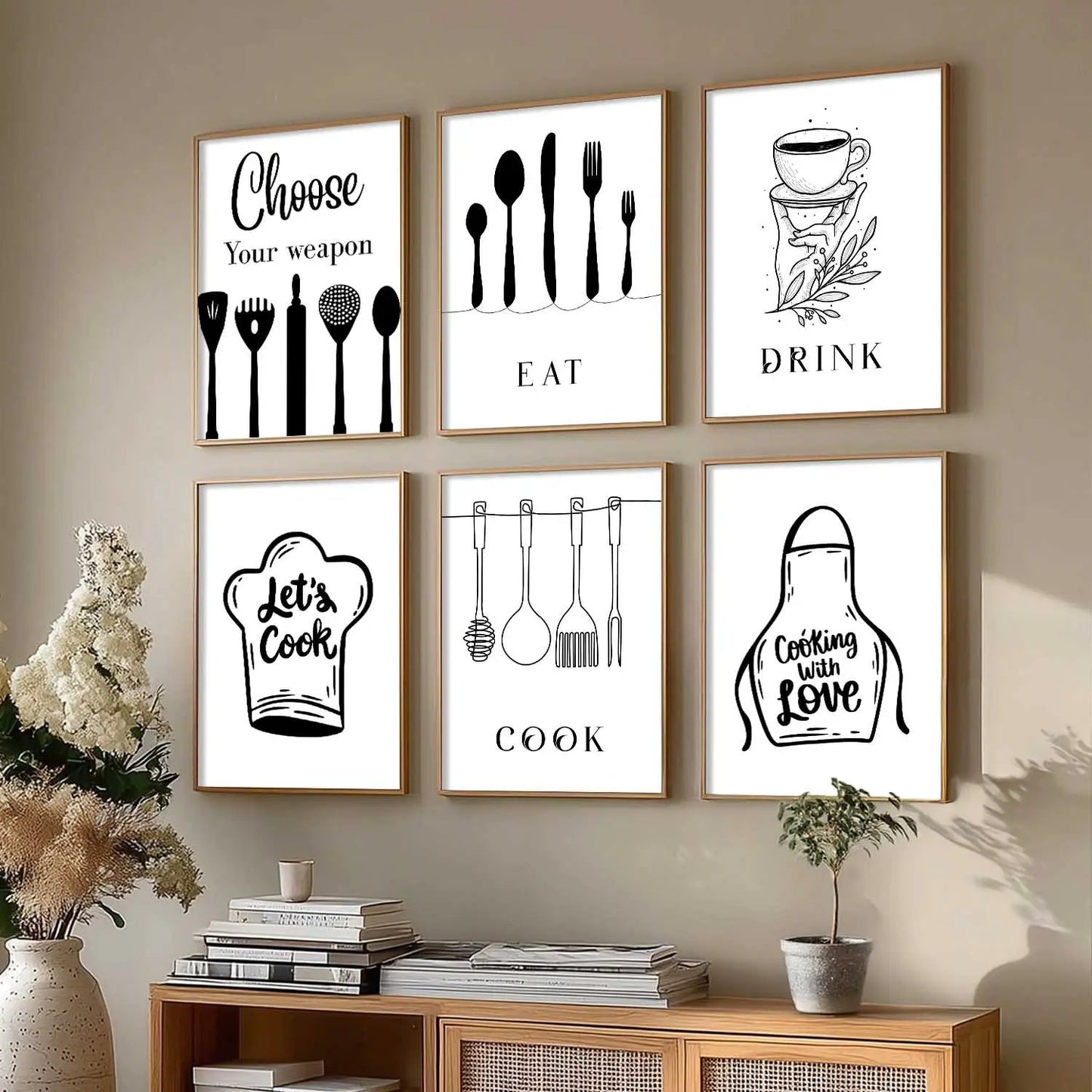 Kitchen Theme Framed Posters for Restaurant Kitchen Dinning Room Cafe Wall Decor Set of 6