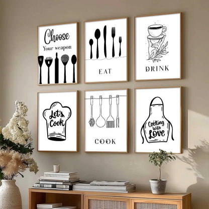 Kitchen Theme Framed Posters for Restaurant Kitchen Dinning Room Cafe Wall Decor Set of 6