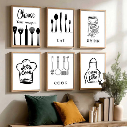 Kitchen Theme Framed Posters for Restaurant Kitchen Dinning Room Cafe Wall Decor Set of 6