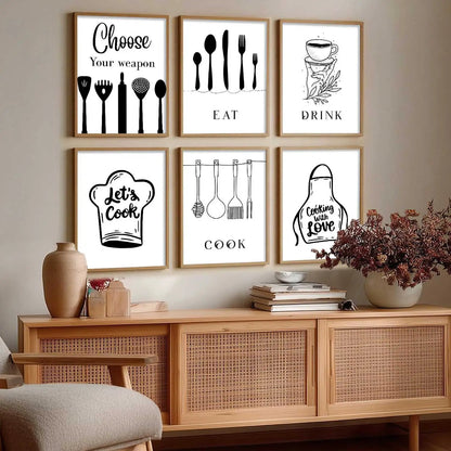 Kitchen Theme Framed Posters for Restaurant Kitchen Dinning Room Cafe Wall Decor Set of 6