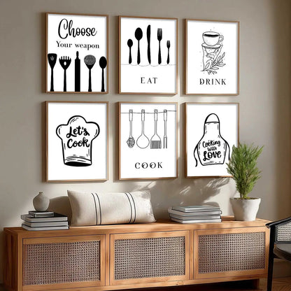 Kitchen Theme Framed Posters for Restaurant Kitchen Dinning Room Cafe Wall Decor Set of 6