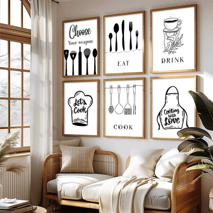 Kitchen Theme Framed Posters for Restaurant Kitchen Dinning Room Cafe Wall Decor Set of 6