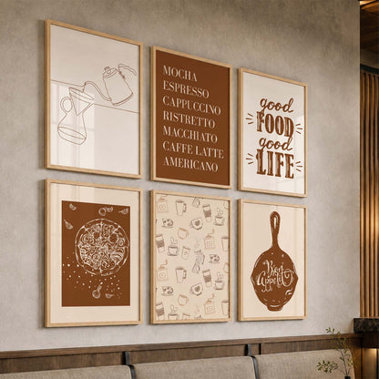 Kitchen Theme Framed Posters for Restaurant Kitchen Dinning Room Cafe Wall Decor Set of 6