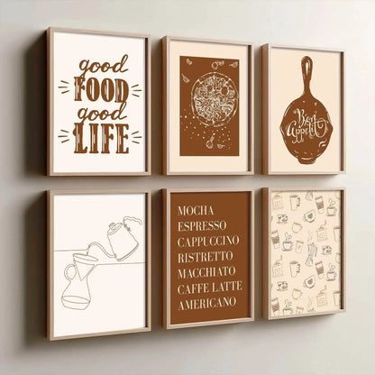 Kitchen Theme Framed Posters for Restaurant Kitchen Dinning Room Cafe Wall Decor Set of 6