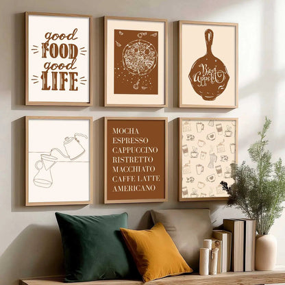 Kitchen Theme Framed Posters for Restaurant Kitchen Dinning Room Cafe Wall Decor Set of 6