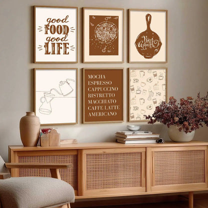 Kitchen Theme Framed Posters for Restaurant Kitchen Dinning Room Cafe Wall Decor Set of 6