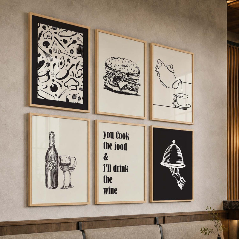 Kitchen Theme Framed Posters for Restaurant Kitchen Dinning Room Cafe Wall Decor Set of 6