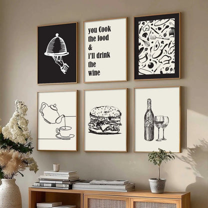 Kitchen Theme Framed Posters for Restaurant Kitchen Dinning Room Cafe Wall Decor Set of 6