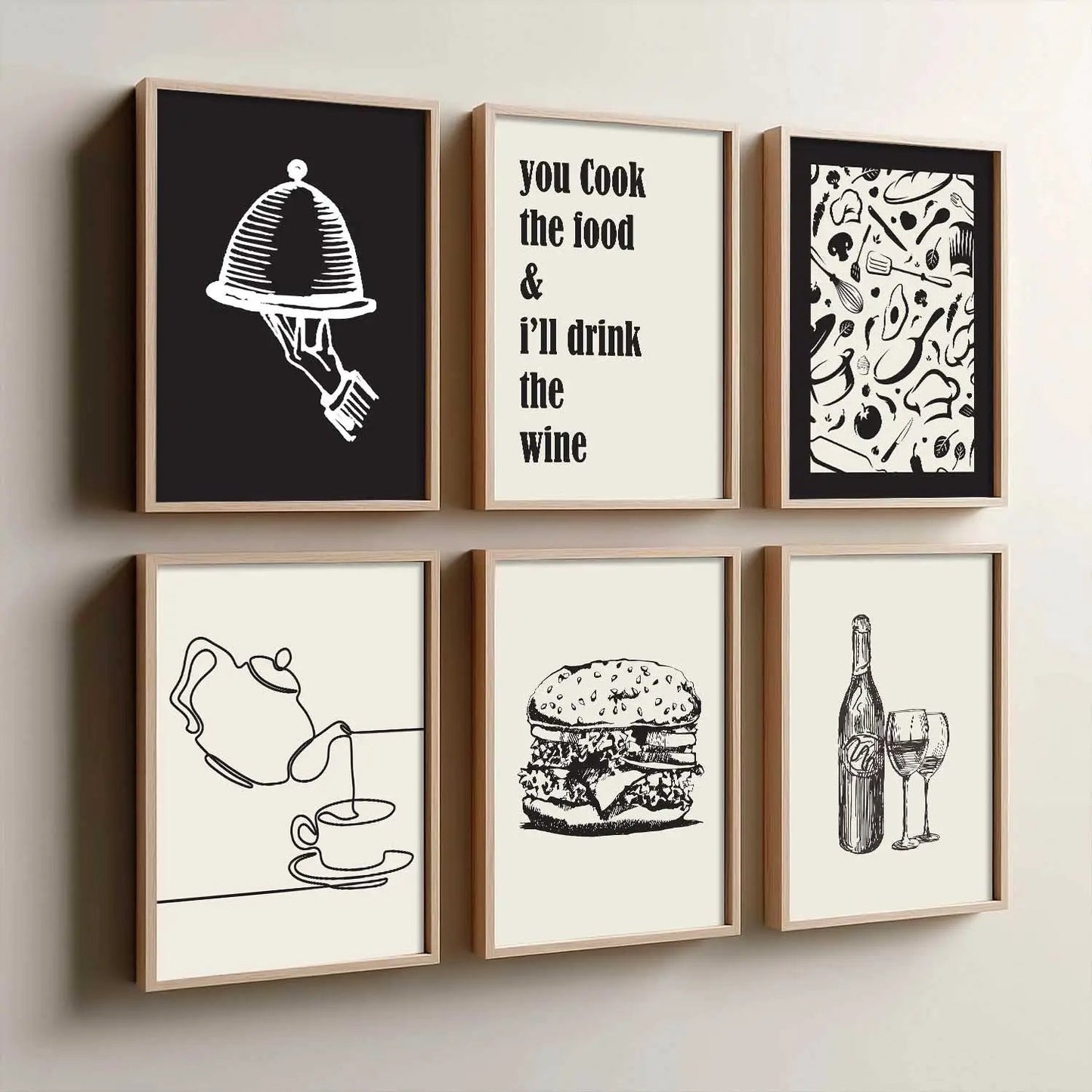 Kitchen Theme Framed Posters for Restaurant Kitchen Dinning Room Cafe Wall Decor Set of 6