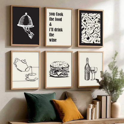 Kitchen Theme Framed Posters for Restaurant Kitchen Dinning Room Cafe Wall Decor Set of 6