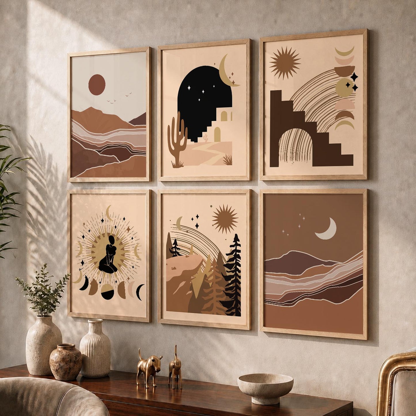 Earthy Sun Motif Boho Wall Art Set of 6 Framed Prints
