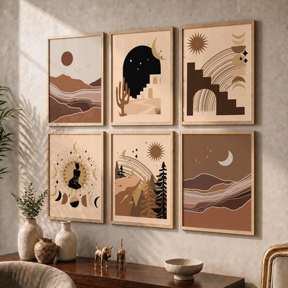 Earthy Sun Motif Boho Wall Art Set of 6 Framed Prints