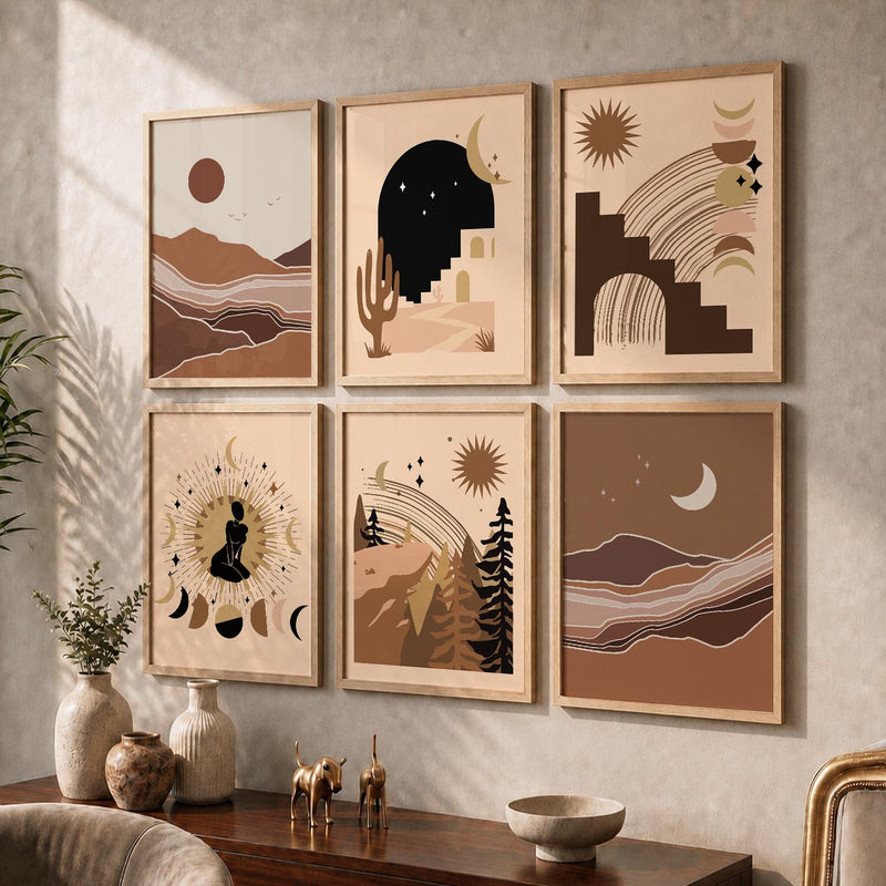 Earthy Sun Motif Boho Wall Art Set of 6 Framed Prints
