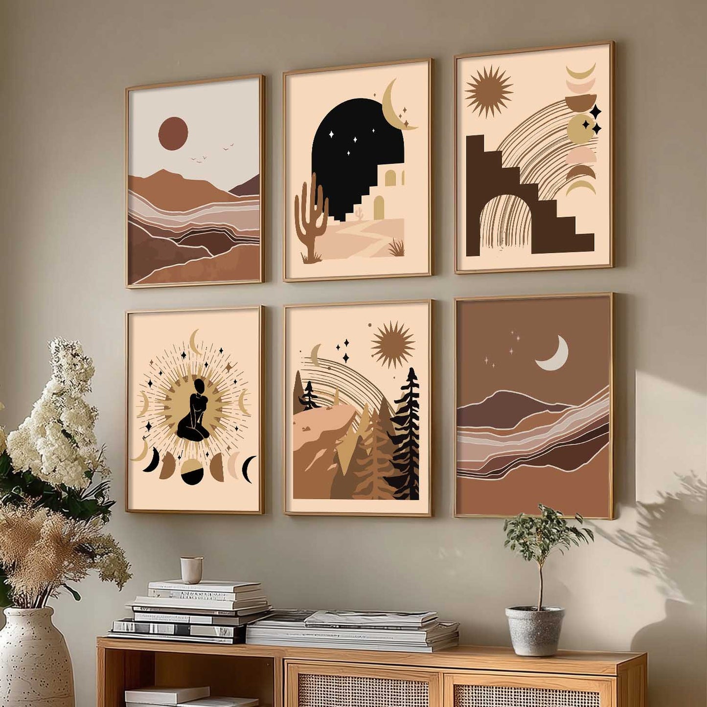 Boho Art Framed Posters for Home Living Room Bedroom Wall Decor Set of 6
