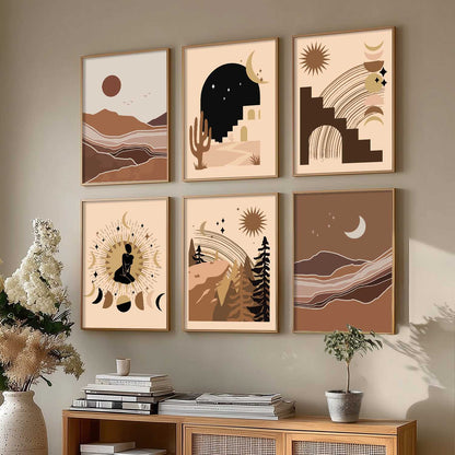 Boho Art Framed Posters for Home Living Room Bedroom Wall Decor Set of 6