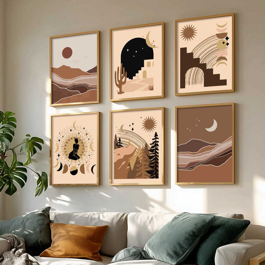 Boho Art Framed Posters for Home Living Room Bedroom Wall Decor Set of 6
