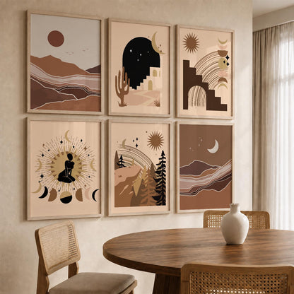 Earthy Sun Motif Boho Wall Art Set of 6 Framed Prints