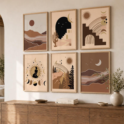 Earthy Sun Motif Boho Wall Art Set of 6 Framed Prints