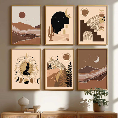 Boho Art Framed Posters for Home Living Room Bedroom Wall Decor Set of 6