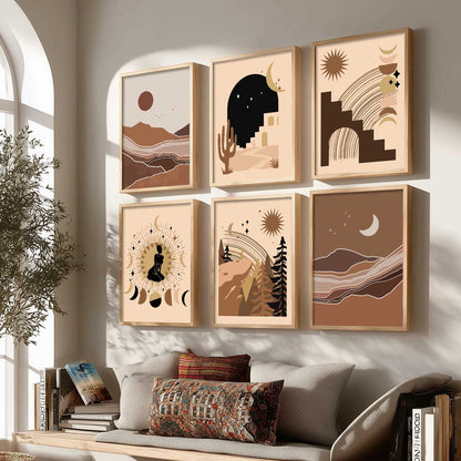 Boho Art Framed Posters for Home Living Room Bedroom Wall Decor Set of 6