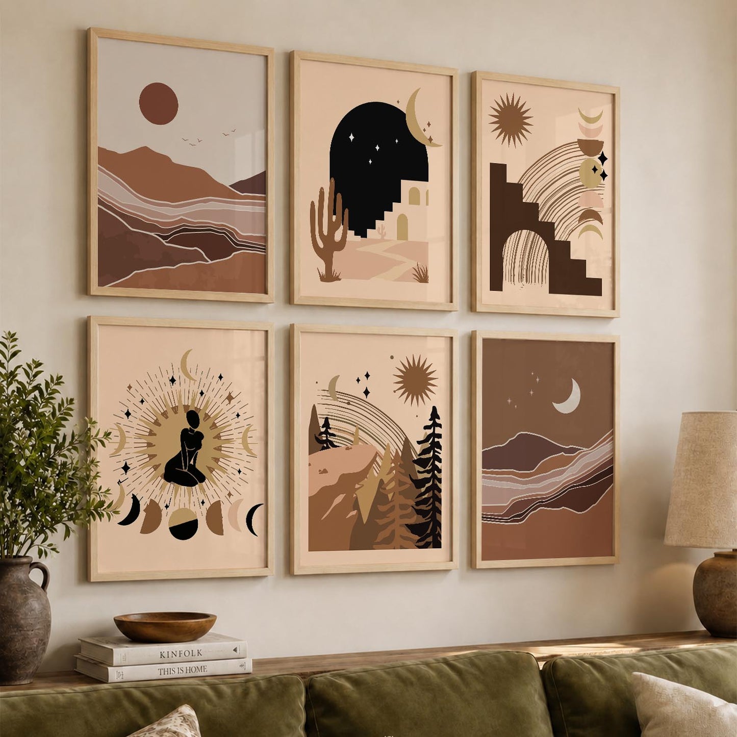 Earthy Sun Motif Boho Wall Art Set of 6 Framed Prints
