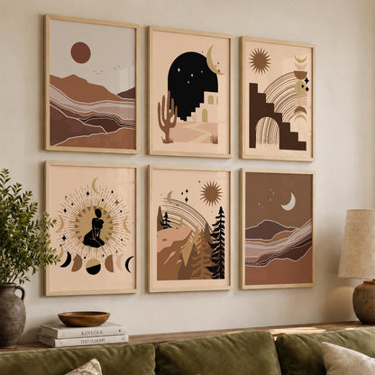 Earthy Sun Motif Boho Wall Art Set of 6 Framed Prints