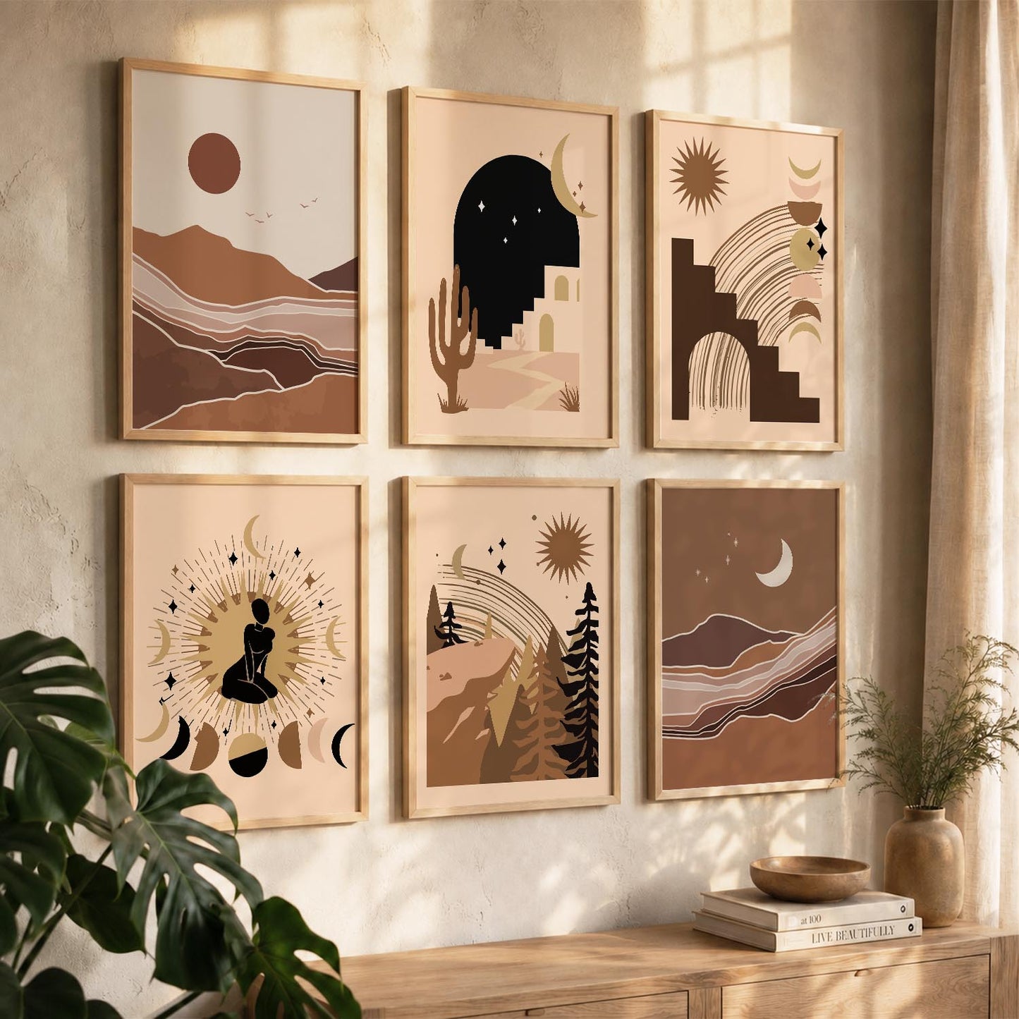 Earthy Sun Motif Boho Wall Art Set of 6 Framed Prints