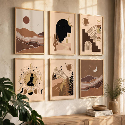 Earthy Sun Motif Boho Wall Art Set of 6 Framed Prints