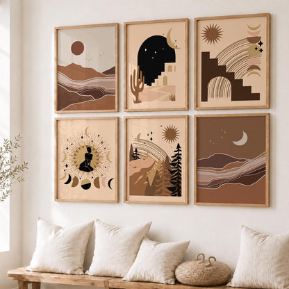 Earthy Sun Motif Boho Wall Art Set of 6 Framed Prints