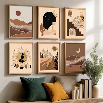 Boho Art Framed Posters for Home Living Room Bedroom Wall Decor Set of 6