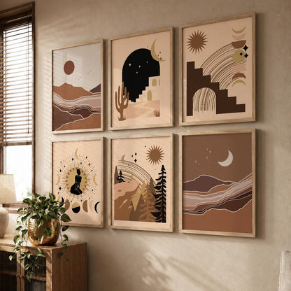 Earthy Sun Motif Boho Wall Art Set of 6 Framed Prints