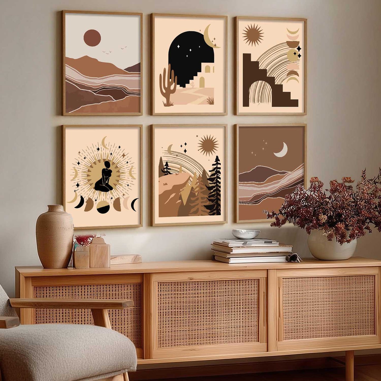 Boho Art Framed Posters for Home Living Room Bedroom Wall Decor Set of 6