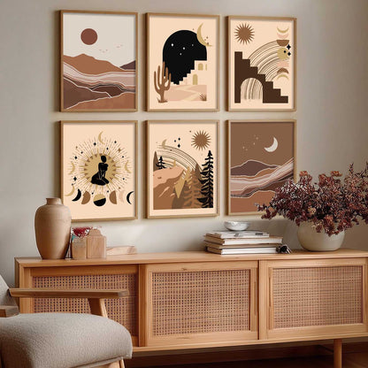 Boho Art Framed Posters for Home Living Room Bedroom Wall Decor Set of 6