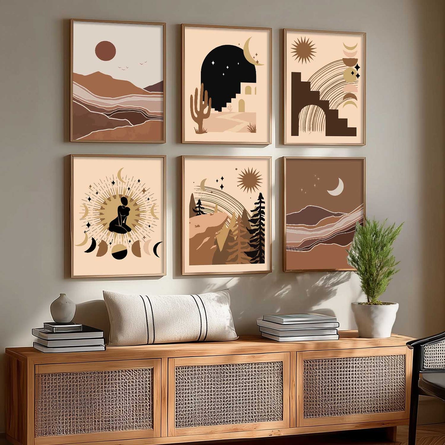 Boho Art Framed Posters for Home Living Room Bedroom Wall Decor Set of 6