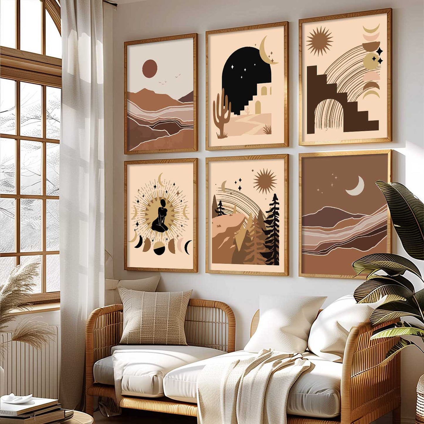 Boho Art Framed Posters for Home Living Room Bedroom Wall Decor Set of 6