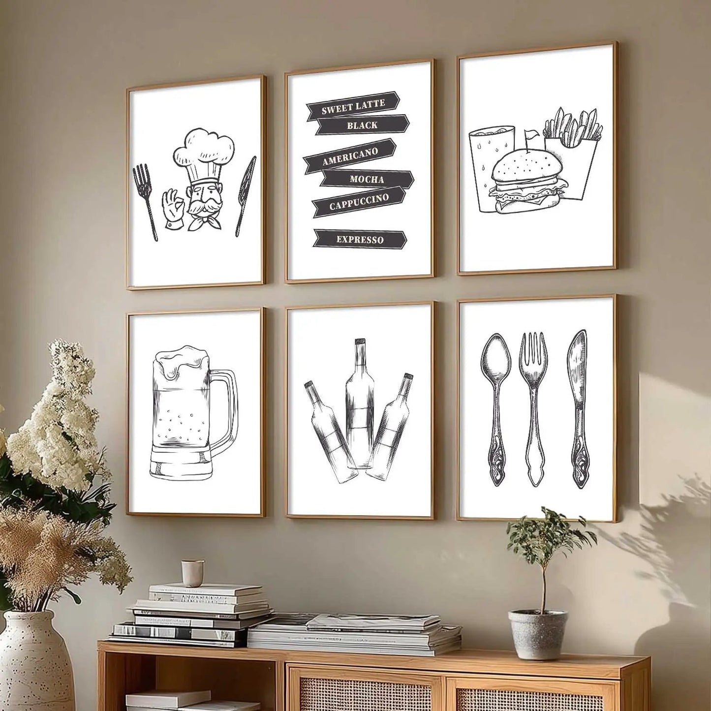 Kitchen Theme Framed Posters for Restaurant Kitchen Dinning Room Cafe Wall Decor Set of 6