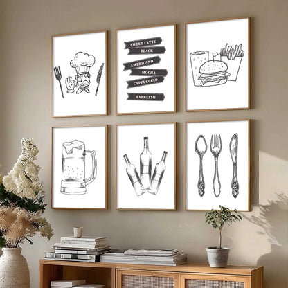 Kitchen Theme Framed Posters for Restaurant Kitchen Dinning Room Cafe Wall Decor Set of 6
