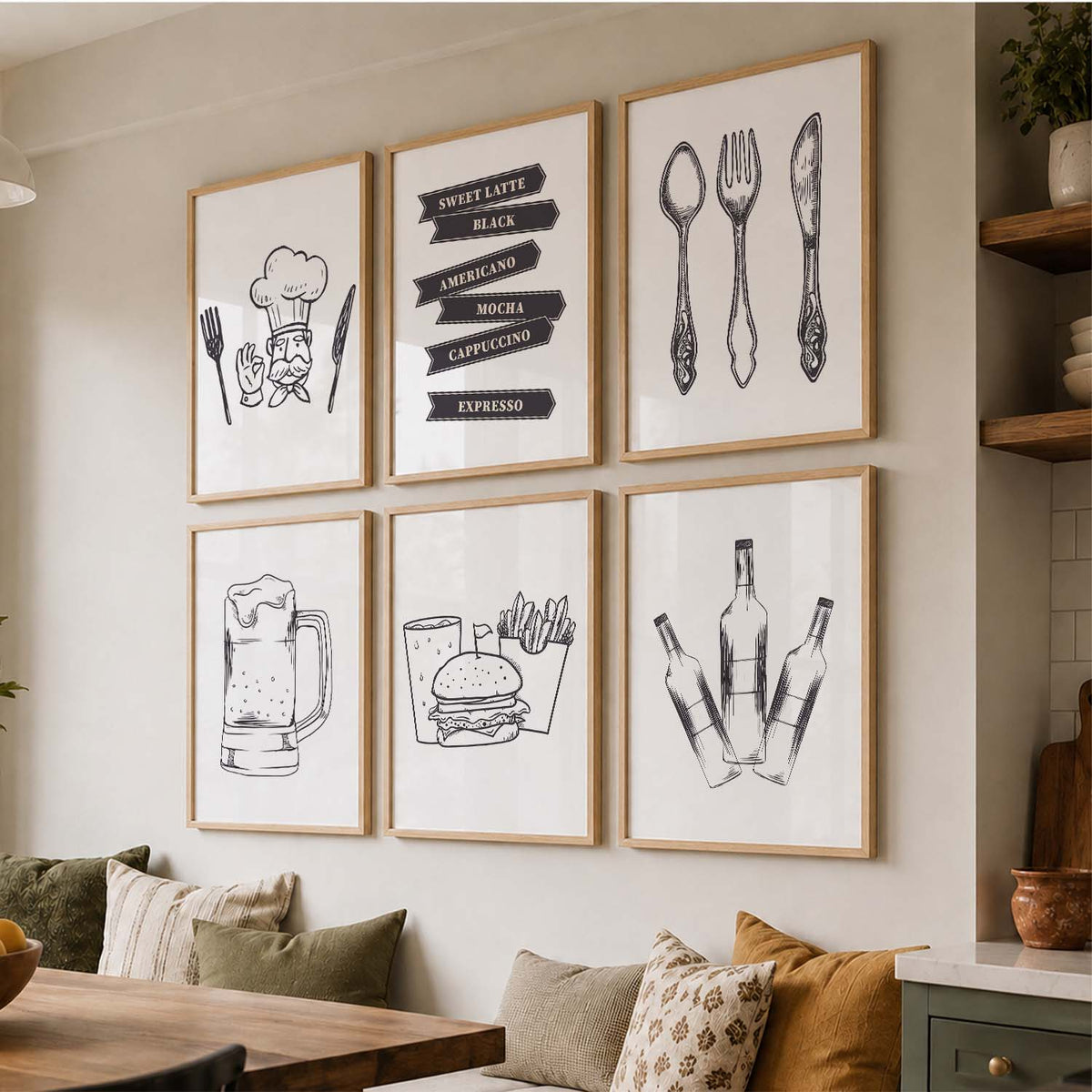 Kitchen Theme Framed Posters for Restaurant Kitchen Dinning Room Cafe Wall Decor Set of 6