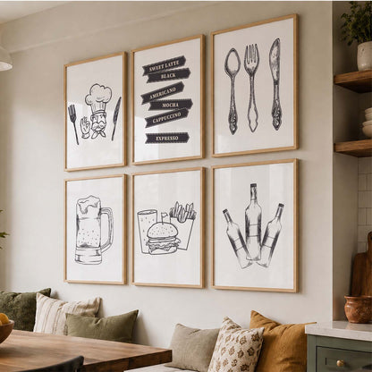 Kitchen Theme Framed Posters for Restaurant Kitchen Dinning Room Cafe Wall Decor Set of 6