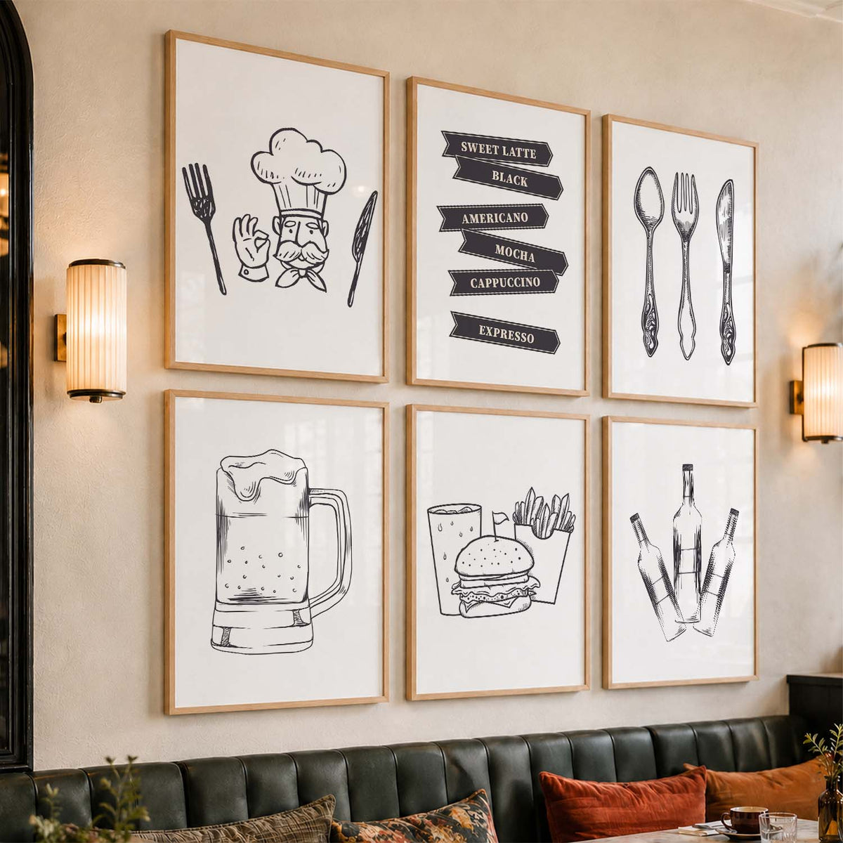 Kitchen Theme Framed Posters for Restaurant Kitchen Dinning Room Cafe Wall Decor Set of 6