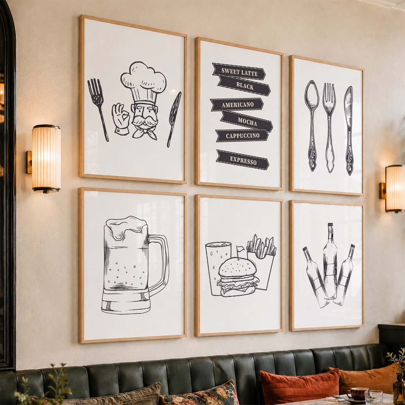 Kitchen Theme Framed Posters for Restaurant Kitchen Dinning Room Cafe Wall Decor Set of 6