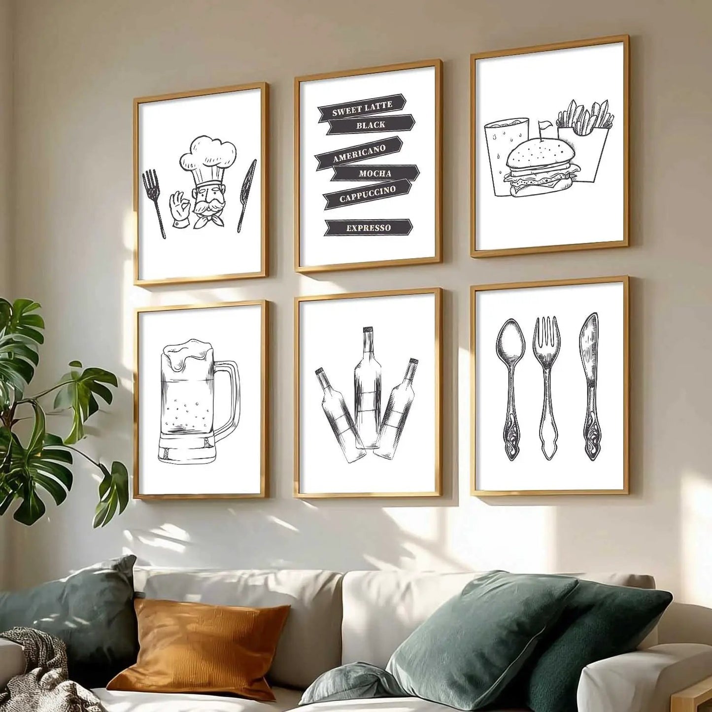 Kitchen Theme Framed Posters for Restaurant Kitchen Dinning Room Cafe Wall Decor Set of 6