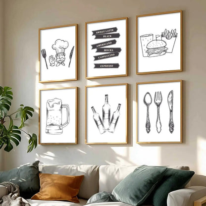 Kitchen Theme Framed Posters for Restaurant Kitchen Dinning Room Cafe Wall Decor Set of 6
