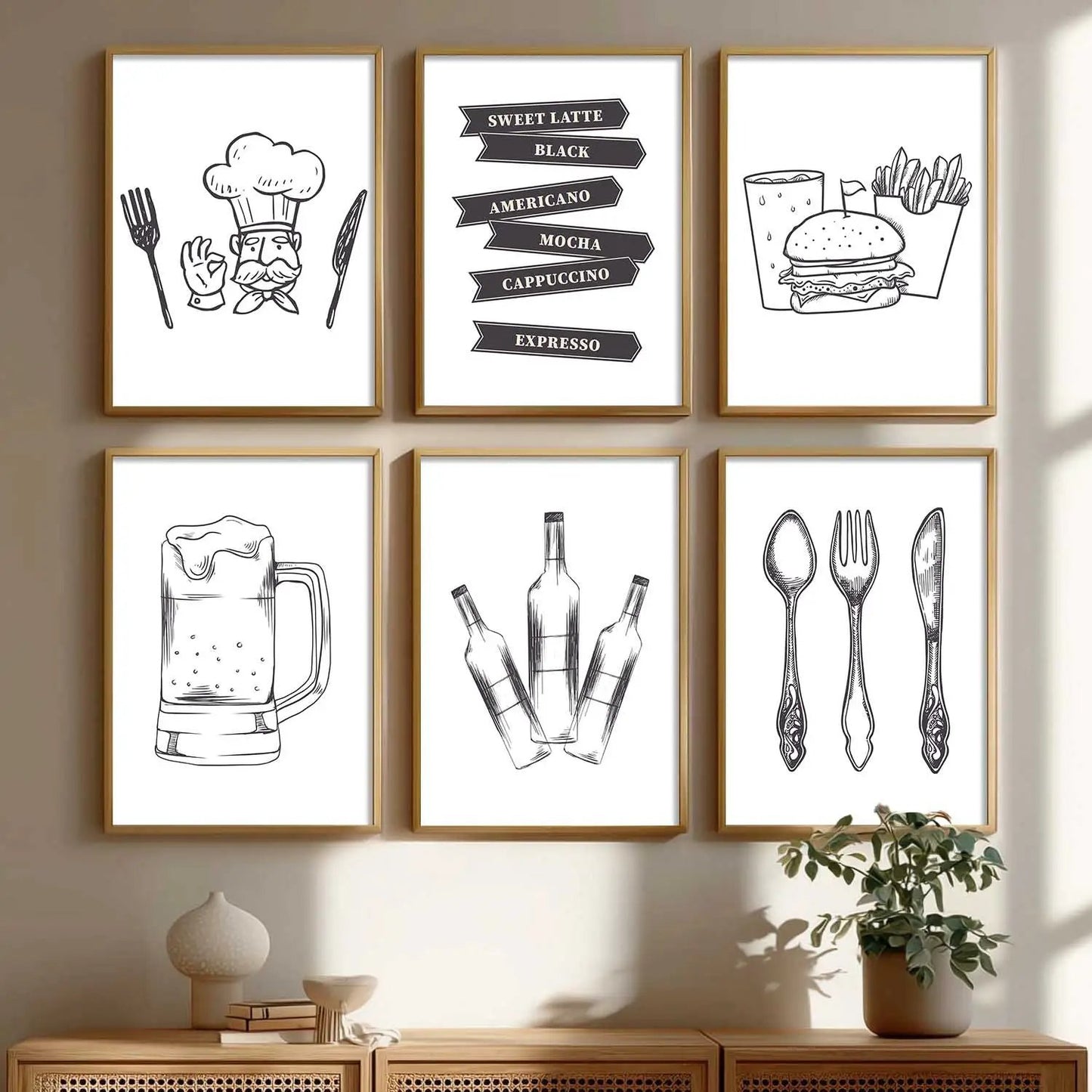 Kitchen Theme Framed Posters for Restaurant Kitchen Dinning Room Cafe Wall Decor Set of 6