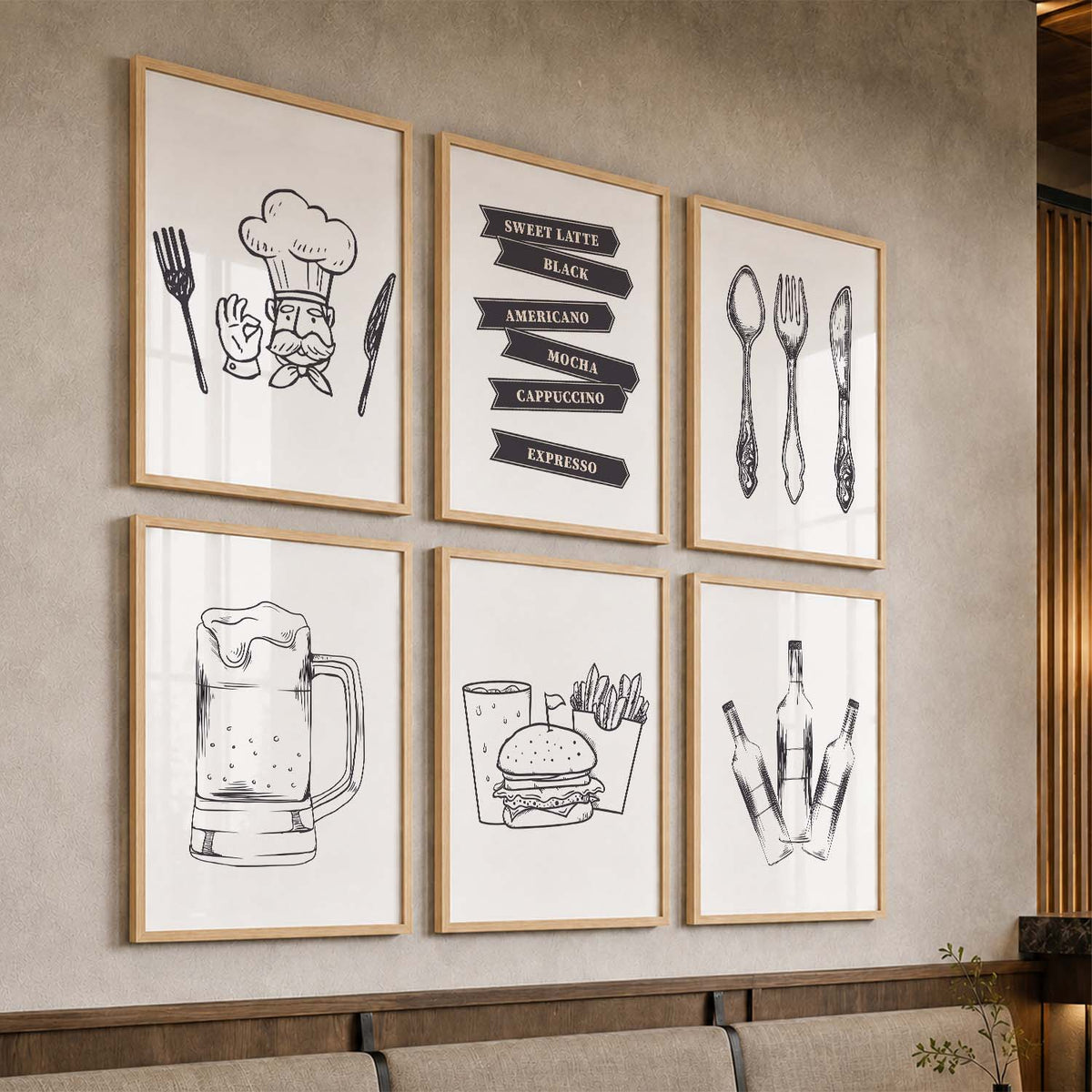 Kitchen Theme Framed Posters for Restaurant Kitchen Dinning Room Cafe Wall Decor Set of 6