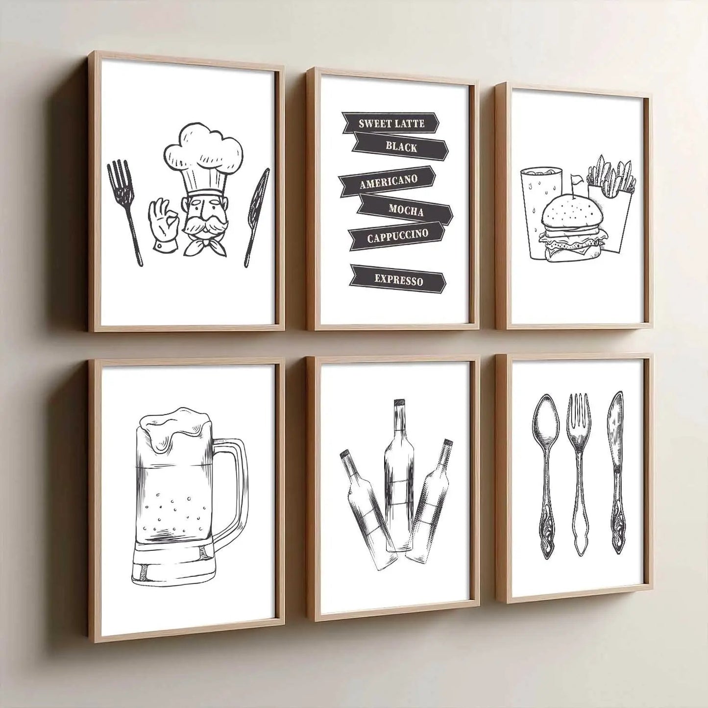 Kitchen Theme Framed Posters for Restaurant Kitchen Dinning Room Cafe Wall Decor Set of 6